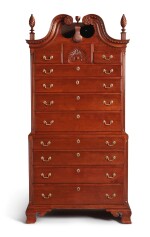 VERY FINE AND RARE CHIPPENDALE CARVED AND PUNCH-DECORATED CHERRYWOOD BONNET-TOP CHEST-ON-CHEST, SAMUEL LOOMIS SHOP TRADITION, PROBABLY COLCHESTER, CONNECTICUT, CIRCA 1780