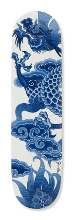 GUO PEI 郭培 | HAND-PAINTED SKATEBOARD IN UNDERGLAZE BLUE WITH DRAGON MOTIF 手繪青花雲龍紋滑板