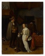 A soldier drinking with a young woman in an inn