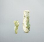 A celadon jade 'pig' pendant and a celadon jade 'cicada' pendant, Neolithic period, Hongshan culture | 新石器時代 紅山文化 青玉豬型及蟬形玉飾