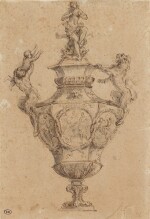 ALESSANDRO ALGARDI | DESIGN FOR A VASE WITH A FEMALE ALLEGORICAL FIGURE SEATED ON TWO DOLPHINS ON THE COVER FLANKED BY TWO ALTERNATIVE HANDLES, A LION AND A SATYR WITH A PUTTO
