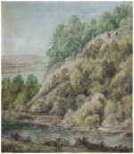 A wooded riverbank with a man and his horse at the river's edge