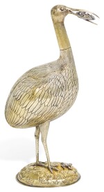 A CONTINENTAL SILVER-GILT MODEL OF A STORK WITH A BABY, PSEUDO MAKER'S MARK DW AND DANZIG TOWN MARK, 19TH CENTURY
