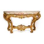 A LOUIS XV GILTWOOD CONSOLE WITH A MOTTLED RED AND WHITE MARBLE TOP, CIRCA 1750