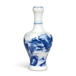 A fine and rare blue and white garlic-mouth bottle vase Qing dynasty, Kangxi period | 清康熙 青花山水人物清供圖蒜頭瓶