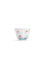 A fine wucai 'rose' month cup, Mark and period of Kangxi |  清康熙 五彩月季花花神盃 《大清康熙年製》款
