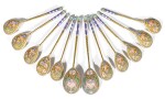 A set of twelve silver-gilt and shaded enamel spoons, Vladimirov, St Petersburg, 1899-1903