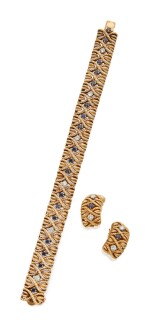 PAIR OF GOLD, SAPPHIRE AND DIAMOND EARCLIPS AND BRACELET, VAN CLEEF & ARPELS, FRANCE