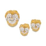 Colored Diamond and Diamond 'Pansy' Brooch and Pair of Earclips