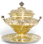 A LARGE GERMAN SILVER-GILT TWO HANDLED SOUP TUREEN, COVER, AND STAND, GOTTLIEB MENTZEL, AUGSBURG, CIRCA 1711-15