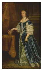 STUDIO OF SIR PETER LELY | PORTRAIT OF ANNE HYDE, DUCHESS OF YORK AND ALBANY (1637-1671), FULL-LENGTH, IN A BLUE GOWN TRIMMED WITH ERMINE, STANDING BEFORE A GOLD CURTAIN WITH HER CROWN ON A TABLE