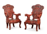 A PAIR OF CHINESE RED AND BLACK LACQUER CARVED WOOD THRONE CHAIRS,  LATE 19TH CENTURY  