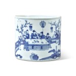 A Large Inscribed Chinese Blue and White 'Spring Banquet' Brushpot, Qing Dynasty, Kangxi Period