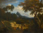 An Italianate landscape with classical figures, a waterfall and a town beyond