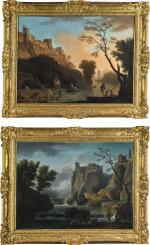 STUDIO OF CLAUDE-JOSEPH VERNET | CAPRICCIO VIEW OF NAPLES, WITH WASHERWOMEN AND FISHERMEN IN THE FOREGROUND; AND A CAPRICCIO VIEW OF THE TEMPLE OF THE SYBIL IN TIVOLI, WITH A WATERFALL AND A SHEPHERD WITH HIS FLOCK IN THE FOREGROUND