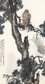 Jin Cheng, Goshawk on Ancient Pine | 金城　古柏蒼鷹　設色紙本　立軸　一九二四年作