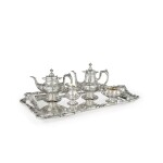A four-piece American silver Francis I pattern tea and coffee set with matching tray, Reed & Barton, Taunton, Massachusetts, 1931/38/49