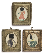 EZRA WOOD, THE PUFFY SLEEVE ARTIST | GROUP OF THREE SILHOUETTE PORTRAITS: GENTLEMAN WITH YELLOW VEST AND UMBRELLA; LADY IN GREEN DRESS WITH YELLOW FICHU AND SPRAY OF FLOWERS; FULL-LENGTH BABY IN RED DRESS WITH MINIATURE LOCKET AND SPRAY OF FLOWERS