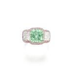Rare and Highly Important Fancy Intense Green, coloured diamond and diamond ring