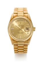 ROLEX |  DAY-DATE, REFERENCE 18038 YELLOW GOLD DIAMOND-SET WRISTWATCH WITH DAY, DATE AND BRACELET, CIRCA 1986 