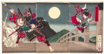 TSUKIOKA YOSHITOSHI (1839-1892)    YOSHITSUNE AND BENKEI FIGHTING ON GOJO BRIDGE (GIKEIKI GOJOBASHI NO ZU) | MEIJI PERIOD, LATE 19TH CENTURY