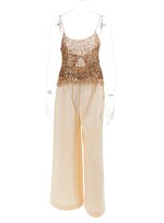 Pair of cream wide-leg trousers and bronze-tone sequin top