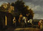 GERRIT ADRIAENSZ. BERCKHEYDE | Cavaliers on horseback resting outside an inn with a courtyard beyond