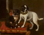 FLORENTINE SCHOOL, 17TH CENTURY  | Two dogs with collars of gold and silver sitting on a red cushion