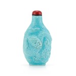 A Turquoise-Glazed Carved 'Dragon' Porcelain Snuff Bottle By Wang Bingrong, Qing Dynasty, Jiaqing - Daoguang Period | 清嘉慶至道光 松綠彩浮雕雲龍逐珠圖鼻煙壺 《王炳榮作》款