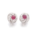 Pair of ruby and diamond ear clips