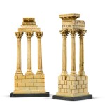 A pair of Italian carved giallo antico models of the Temples of Castor and Pollux and of Vespasian, second half 19th century