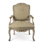 A LOUIS XV CREAM AND GREEN PAINTED FAUTEUIL, SIGNED "BUATTA", MID-18TH CENTURY