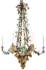 A FRENCH GILT-BRONZE AND PORCELAIN CHANDELIER, 19TH CENTURY, IN LOUIS XVI STYLE