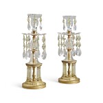 A PAIR OF ENGLISH REGENCY GILT BRONZE, CITRINE AND CUT GLASS TEMPLE CANDLESTICKS, EARLY 19TH CENTURY