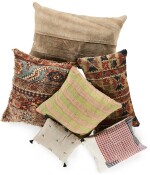 SIX CUSHIONS BY HOWE, THE COVERS MADE FROM VINTAGE TEXTILES