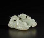 A large pale celadon jade 'mandarin ducks and lotus' group, Qing dynasty, Qianlong period | 清乾隆 青白玉雕鴛鴦銜蓮擺件
