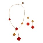 CARNELIAN AND TIGER'S EYE 'MAGIC ALHAMBRA' NECKLACE AND PAIR OF EARCLIPS, VAN CLEEF & ARPELS, FRANCE