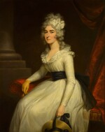 Portrait of Mrs Bryan Barrett (1759–1834), three-quarter-length, seated, wearing a white dress with a black sash and a yellow leather glove, holding a straw hat