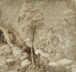 A rocky landscape with trees and distant figures     