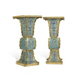 A pair of cloisonné enamel square Gu-form vases, Qing dynasty, Kangxi period |  清康熙 掐絲琺瑯獸面紋出戟方觚一對