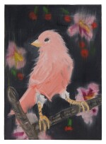 Pink Canary (Stepping Out on Black, with Hollyhocks and Cherries)