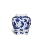 A blue and white 'fish' jar, Mark and period of Jiajing | 明嘉靖 青花荷塘魚藻紋罐 《大明嘉靖年製》款