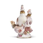 A CHELSEA PORCELAIN TRIPLE SCENT BOTTLE AND STOPPERS IN THE FORM OF A HEN AND CHICKS CIRCA 1755 