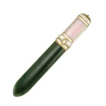 A varicoloured gold-mounted guilloché enamel and nephrite paperknife, probably Fabergé, St Petersburg, circa 1900
