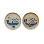 A pair of crackle-glazed blue and white 'landscape' dishes, Ruoshen Zhen Cang mark Qing dynasty, 18th century |  清十八世紀 青花松下童子紋盤一對 《若深珍藏》款