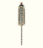 A CHINESE EXPORT SILVER-GILT AND ENAMEL MINIATURE ESTHER SCROLL CASE, MARKED GOTHIC K, MID TO LATE 19TH CENTURY
