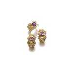 PAIR OF GEM SET AND DIAMOND EAR CLIPS, SABBADINI, AND A RING, ADLER