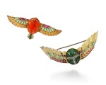 CARL BACHER | TWO ENAMEL, HARDSTONE, RUBY AND DIAMOND BROOCHES