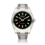 Reference 116400GV Milgauss | A stainless steel automatic antimagnetic wristwatch with green sapphire crystal and bracelet, Circa 2008