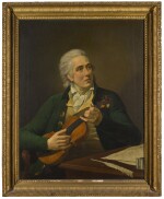 CIRCLE OF FRANCOIS-XAVIER FABRE | Portrait of a gentleman, traditionally identified as Henry Swinburne (1743- 1803), three-quarter-length, seated at a table with a quill and musical manuscript, holding a violin